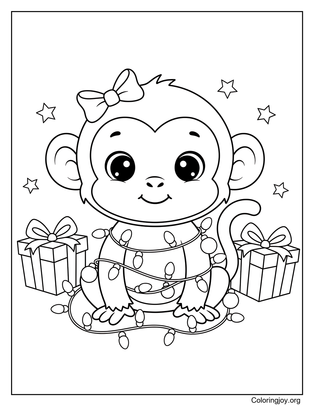 Baby Monkey with Christmas Lights Coloring Page