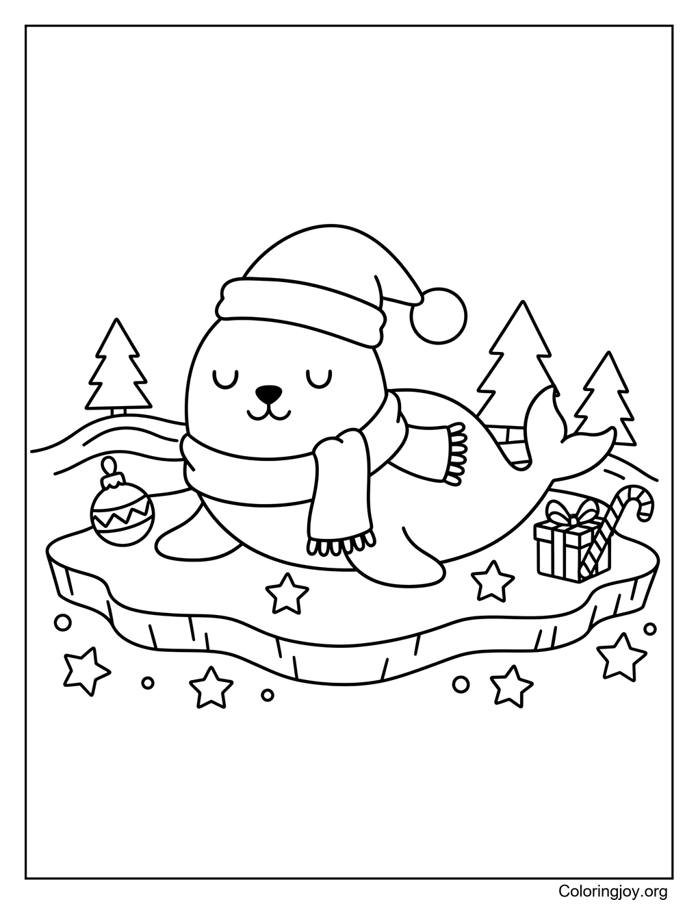 Baby Seal on Christmas Ice Floe Coloring Page