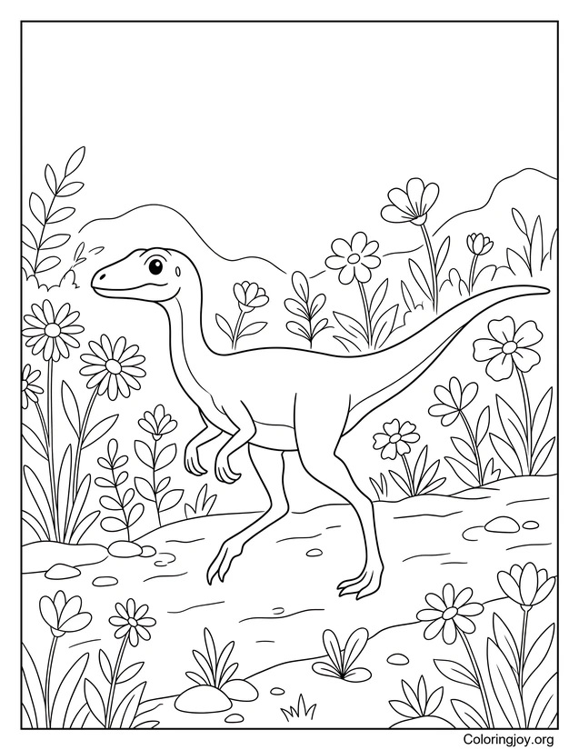 Compsognathus By Flowers Coloring Page