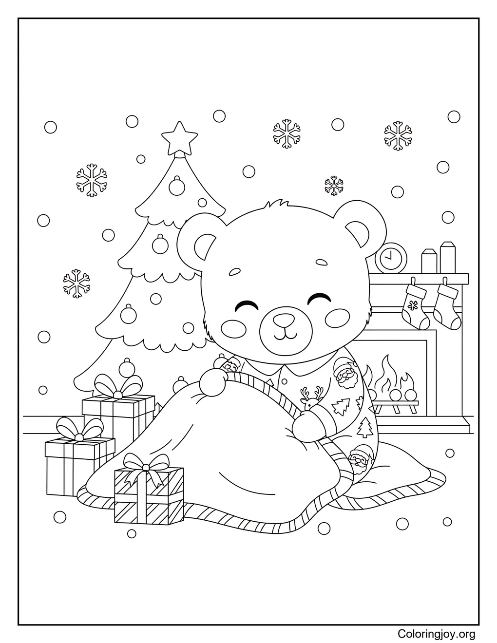 Cozy Bear Cub Christmas Pajama Coloring Page