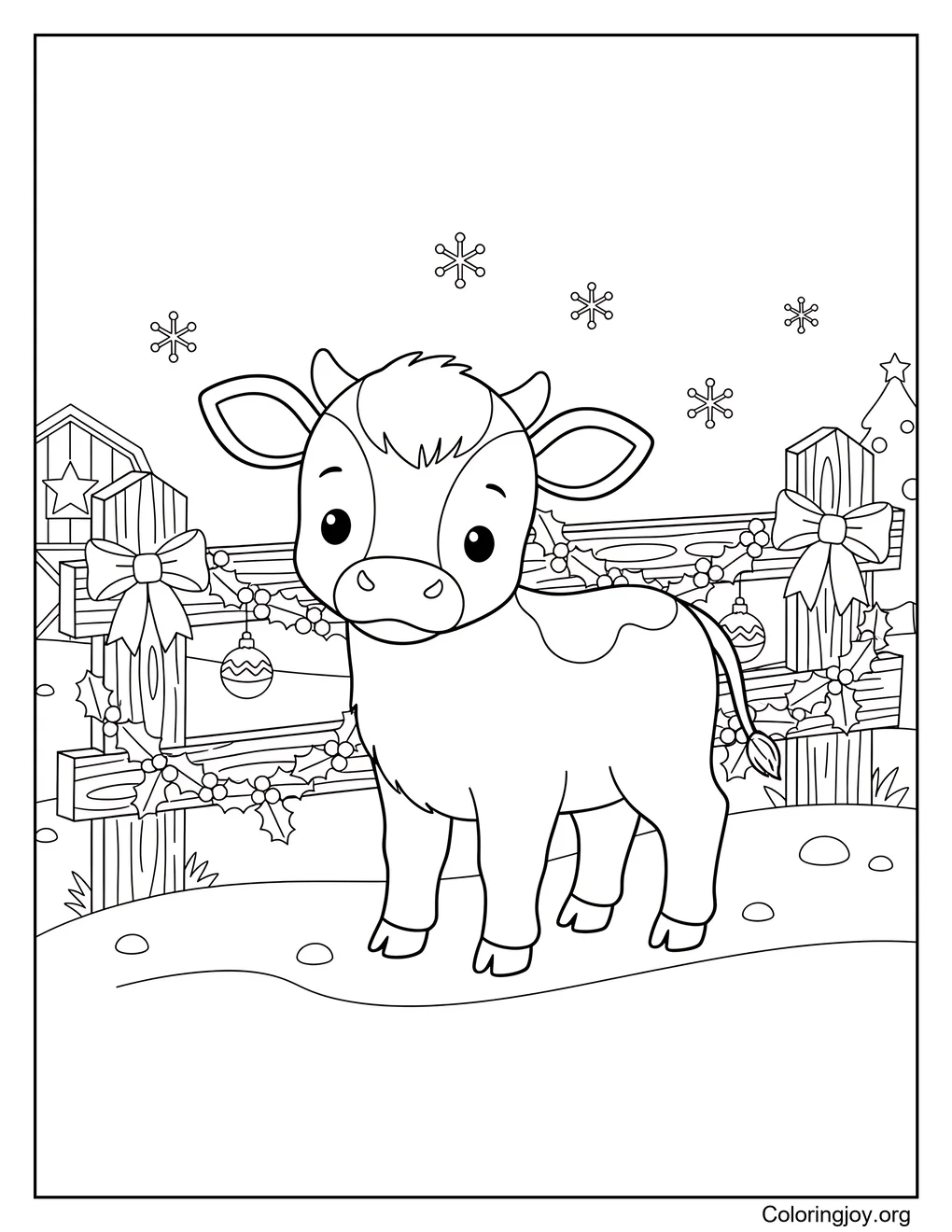 Calf by Christmas Farm Fence Coloring Page