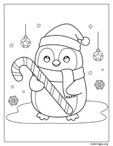 christmas Penguin with Candy Cane Coloring Page