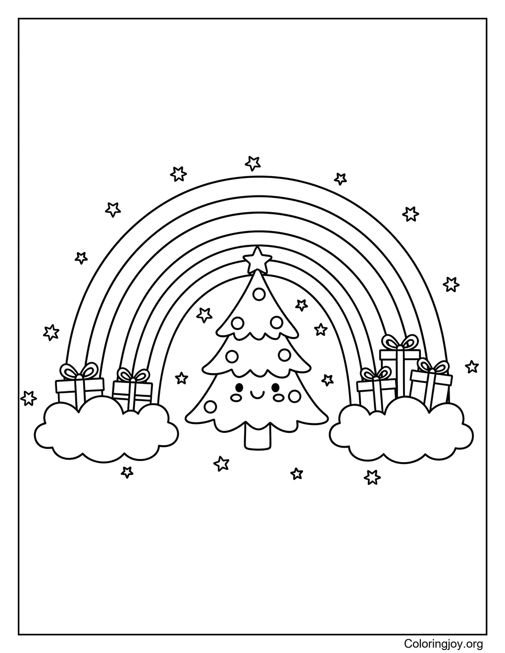 Cute Christmas Rainbow with Smiling Tree and Gifts