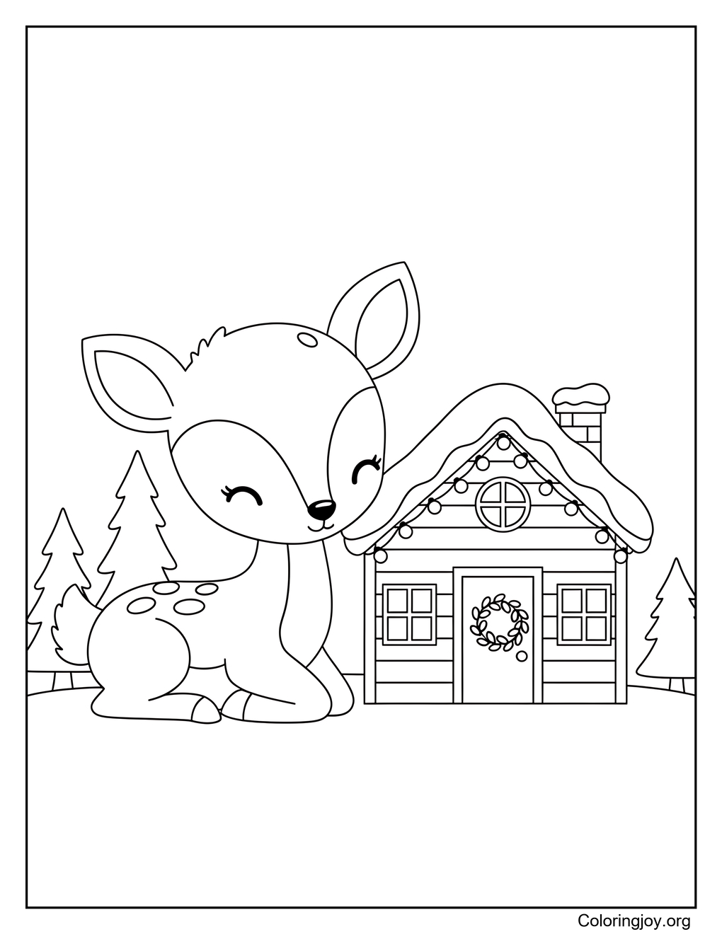 Fawn and Snowy Christmas Cabin Coloring Page