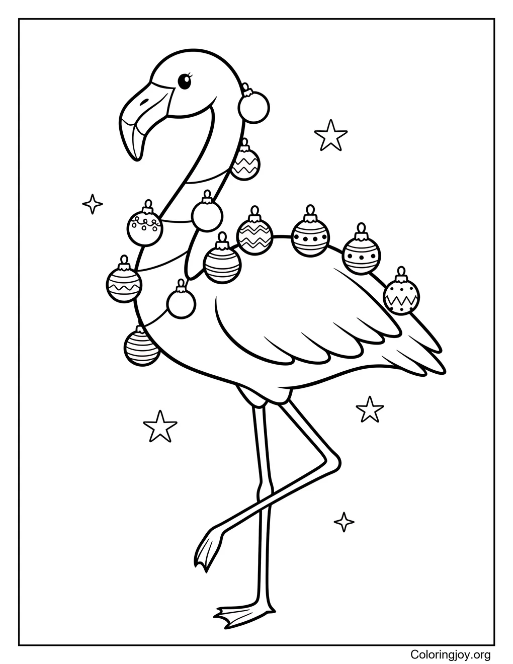 Cute Flamingo with Christmas Baubles Coloring Page