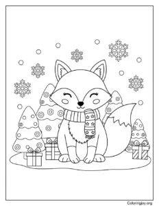 Fox in Snowy Christmas Forest Coloring Page