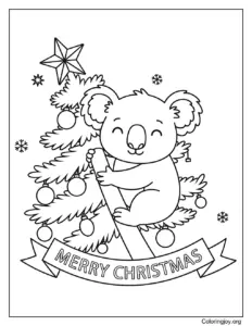 Koala on Christmas Tree Branch Coloring Page