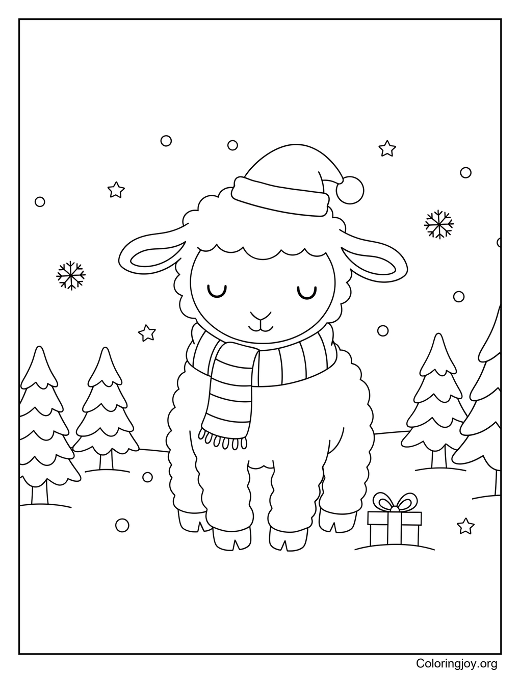 Lamb in Snowy Christmas Meadow Coloring Page