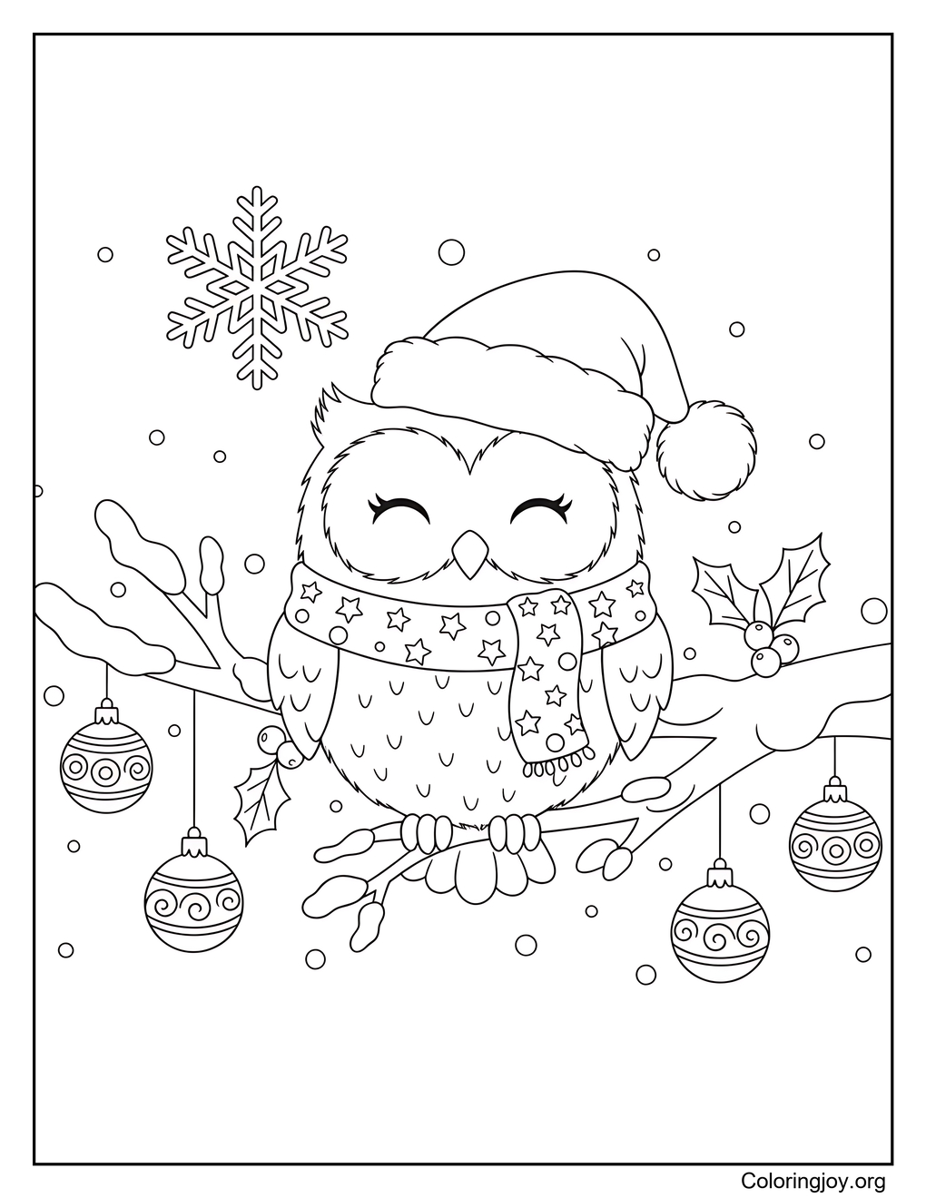 Owl on Snowy Christmas Branch Coloring Page