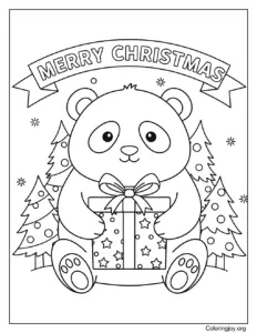Panda with Christmas Gift Box Coloring Page