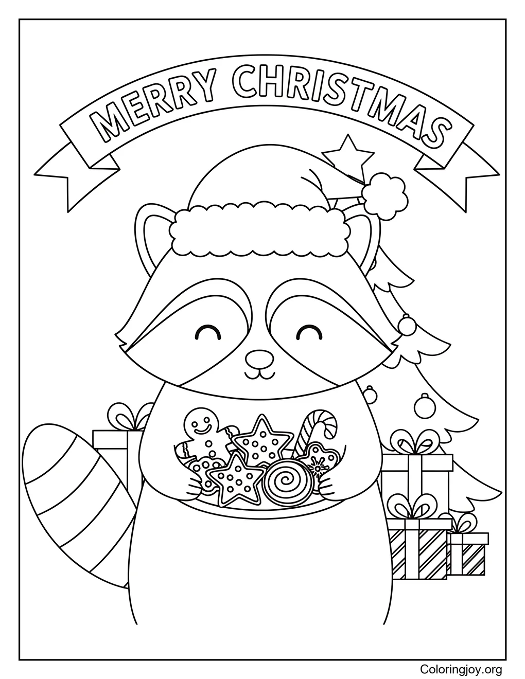 Raccoon with Christmas Cookies Coloring Page