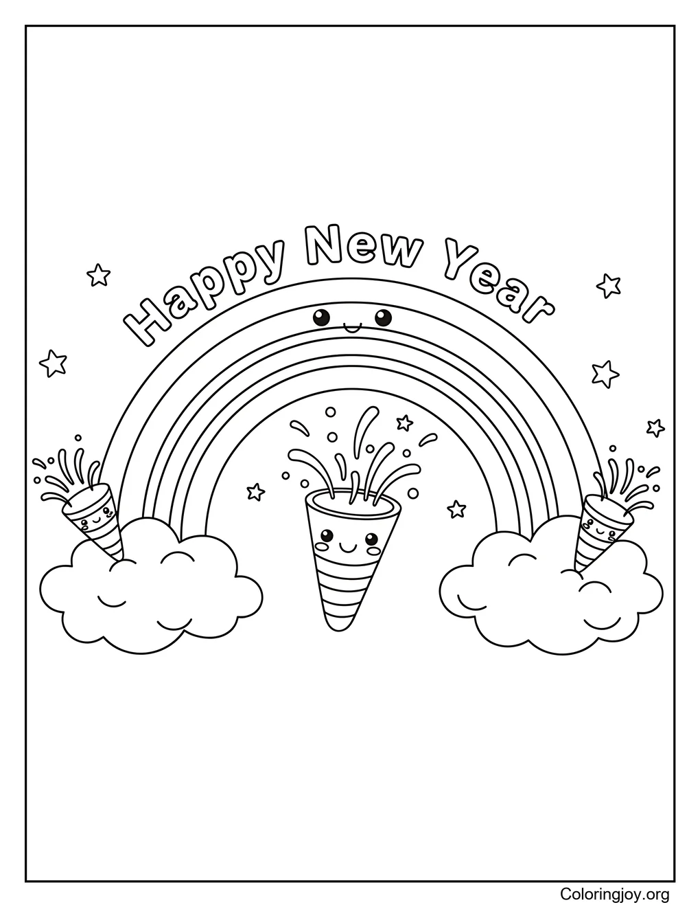 Cute Rainbow and New Year Fireworks Celebration