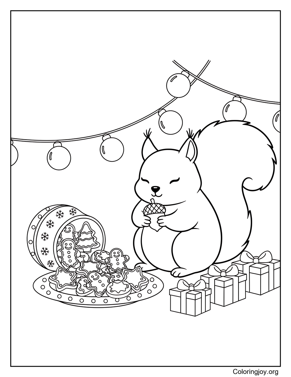Squirrel with Christmas Cookies Coloring Page