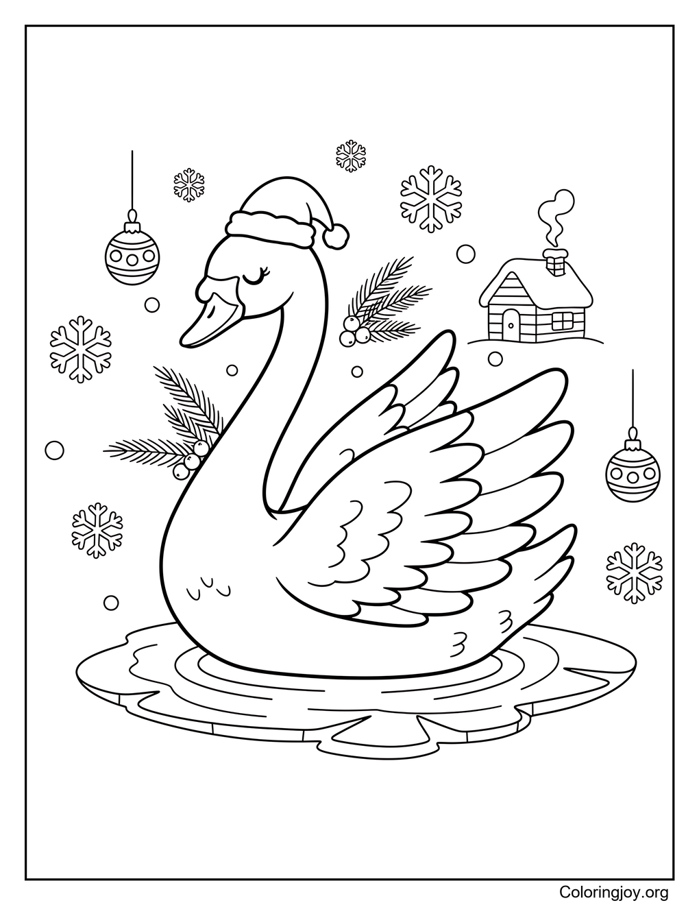 Swan on Frozen Christmas Lake Coloring Page