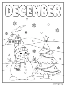 Coloring page of December snowman and decorated tree winter
