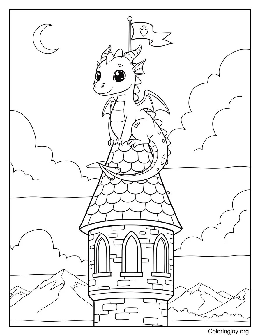 A dragon guards a tall tower and keeps watch over the land.
