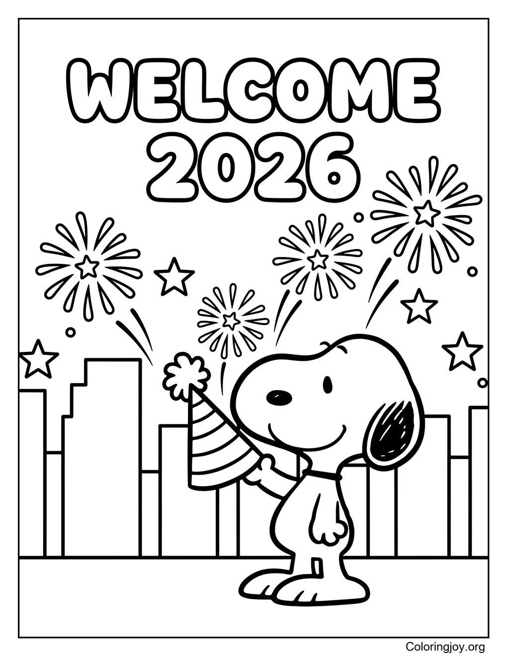 Dibujo imprimible de Año Nuevo de Snoopy para colorear