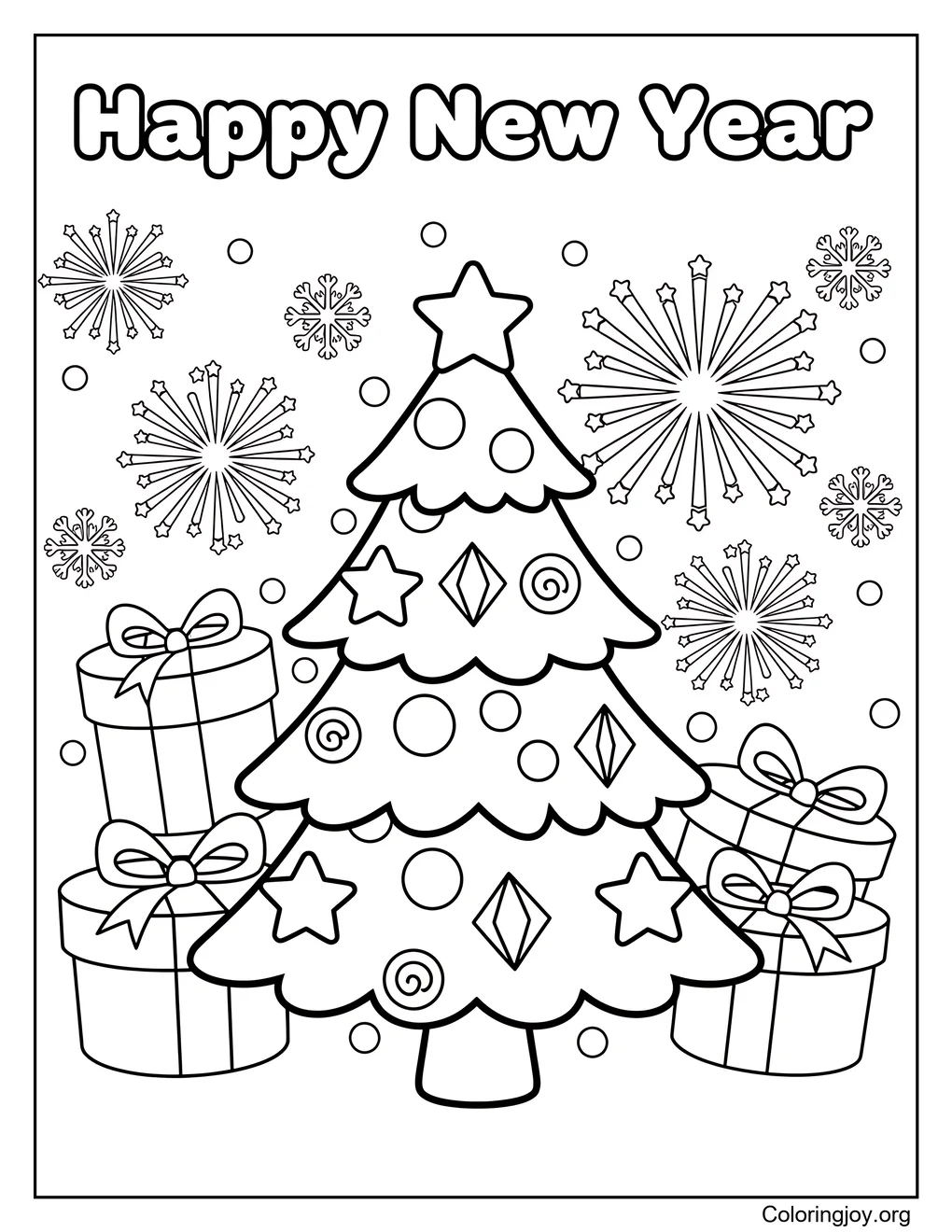 Página para colorear festiva del árbol de Año Nuevo para kig