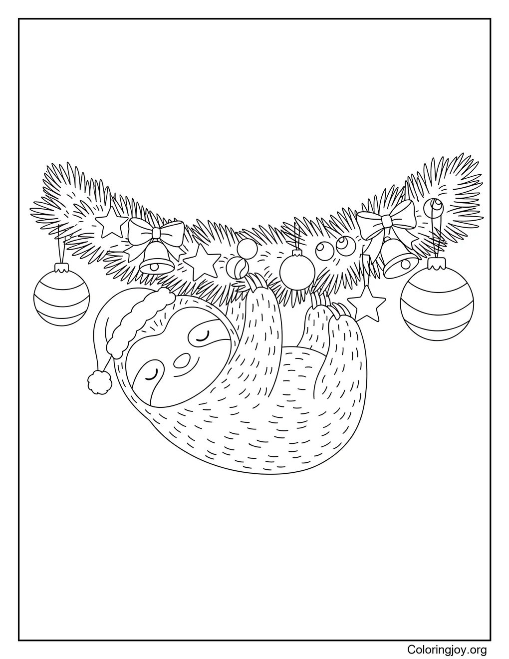 Página para colorear de Bebé Perezoso en Guirnalda de Navidad