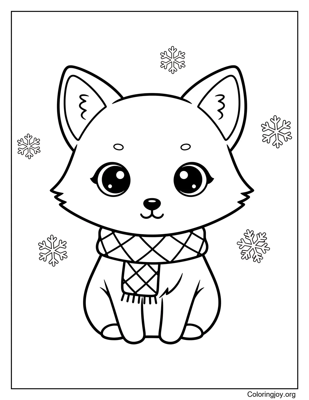 Bebé zorro ártico con bufanda y copos de nieve