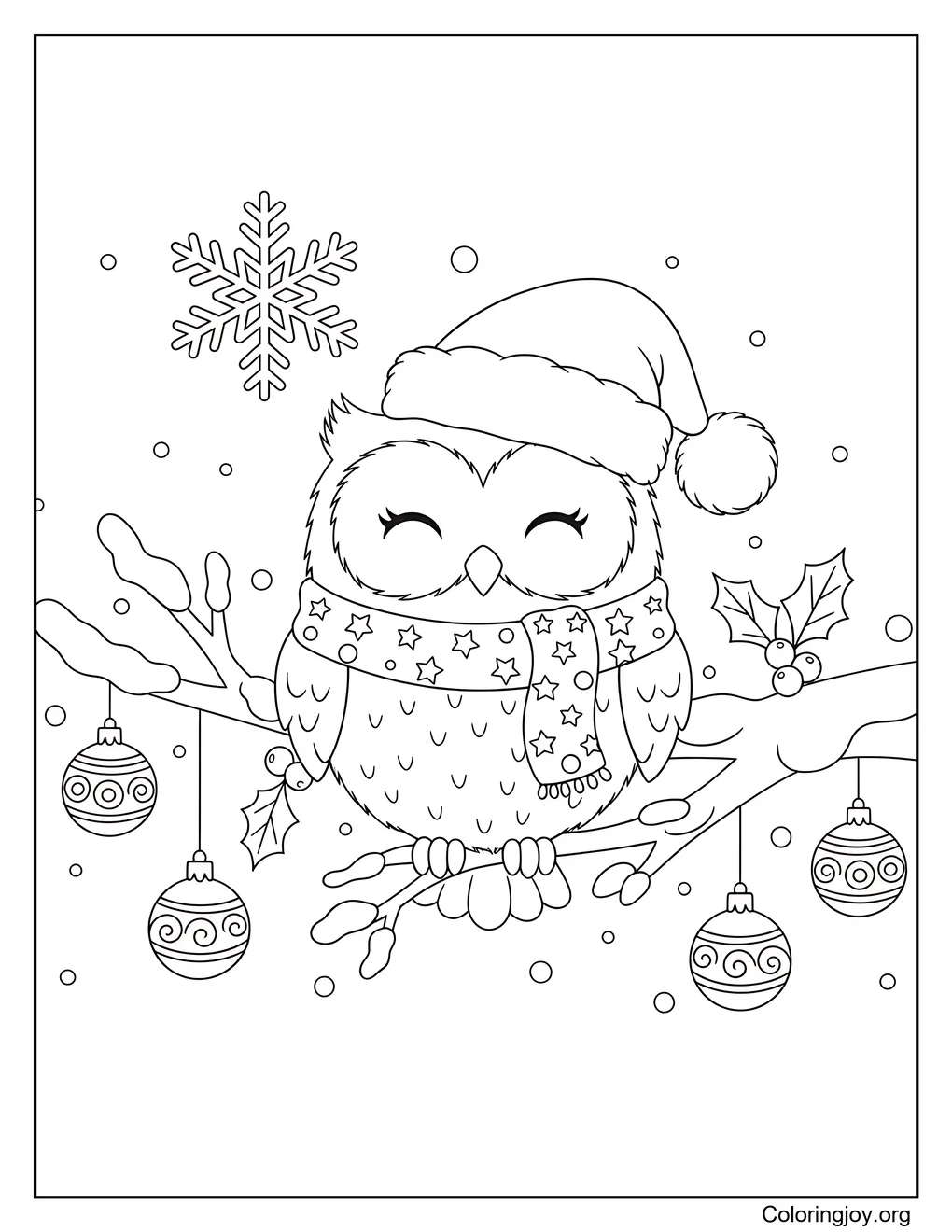 Página para colorear de Búho en una rama navideña nevada