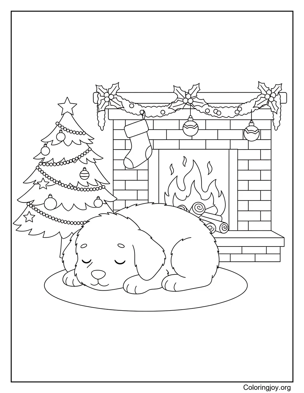 Página para colorear de cachorro junto a la chimenea navideña