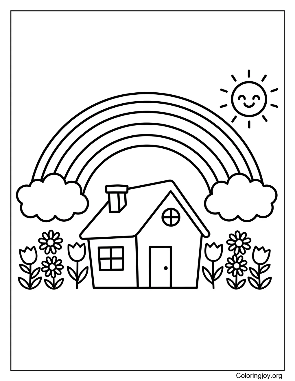 Página para colorear de la casa con el arcoíris