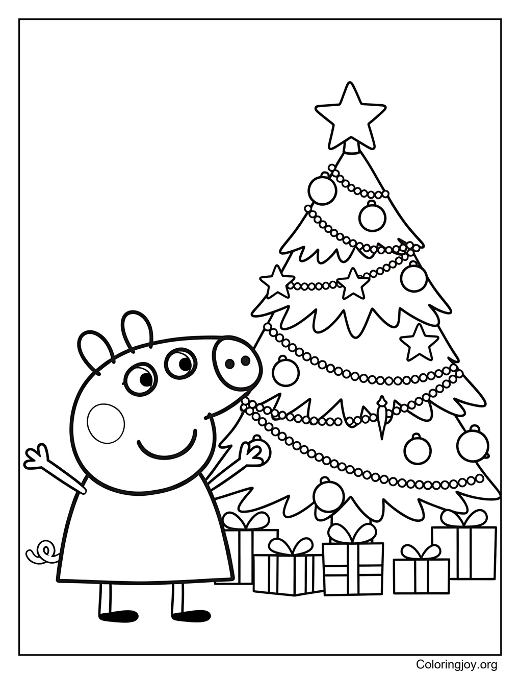 Página para colorear de la celebración del árbol de Navidad de Kawaii Peppa Pig