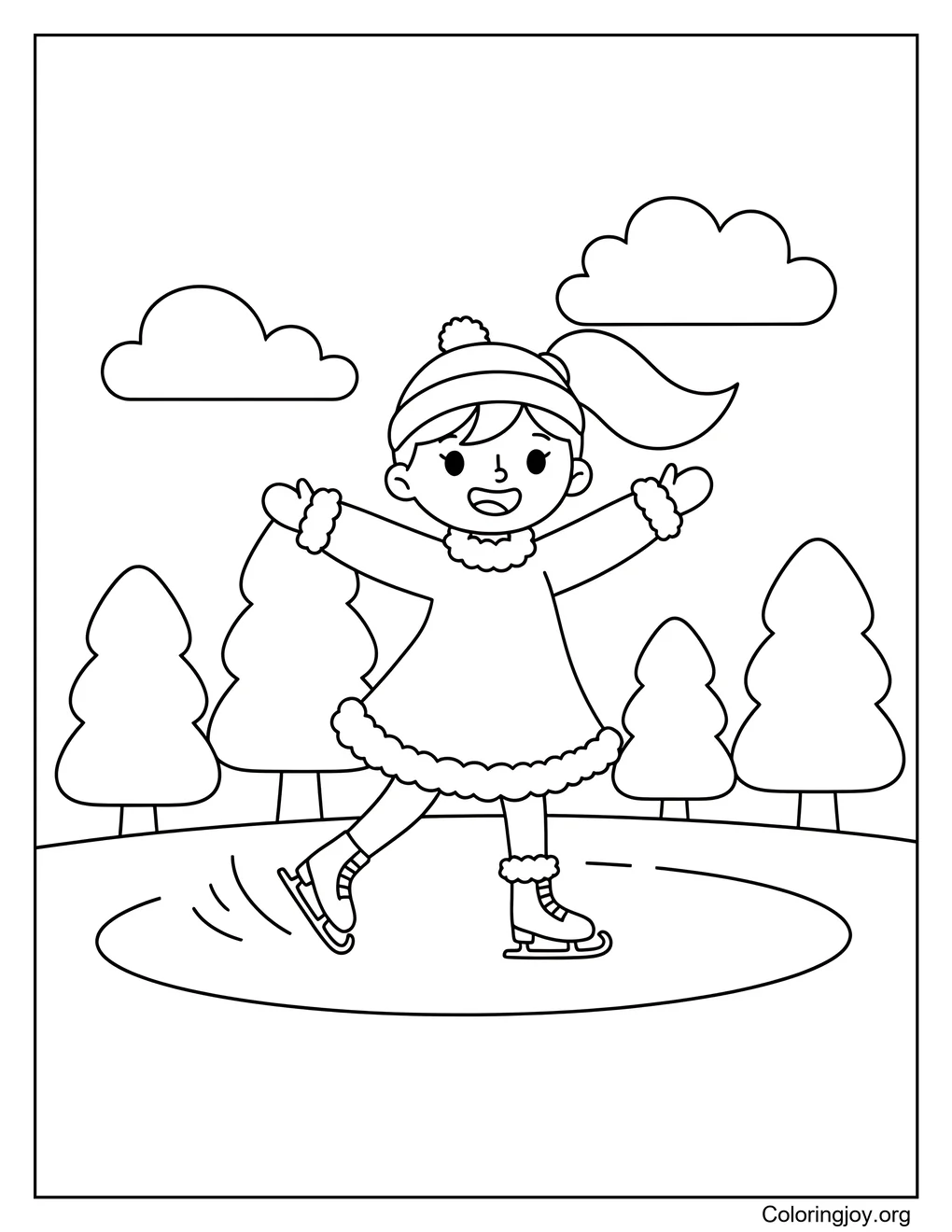 Hoja para colorear de niña patinando sobre hielo