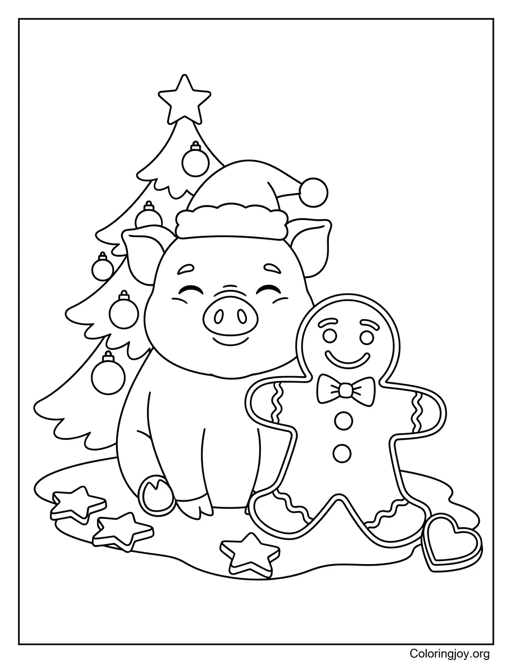 Página para colorear de lechón y pan de jengibre navideño