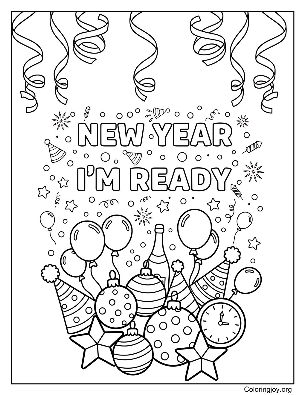 Página para colorear de decoraciones de Año Nuevo