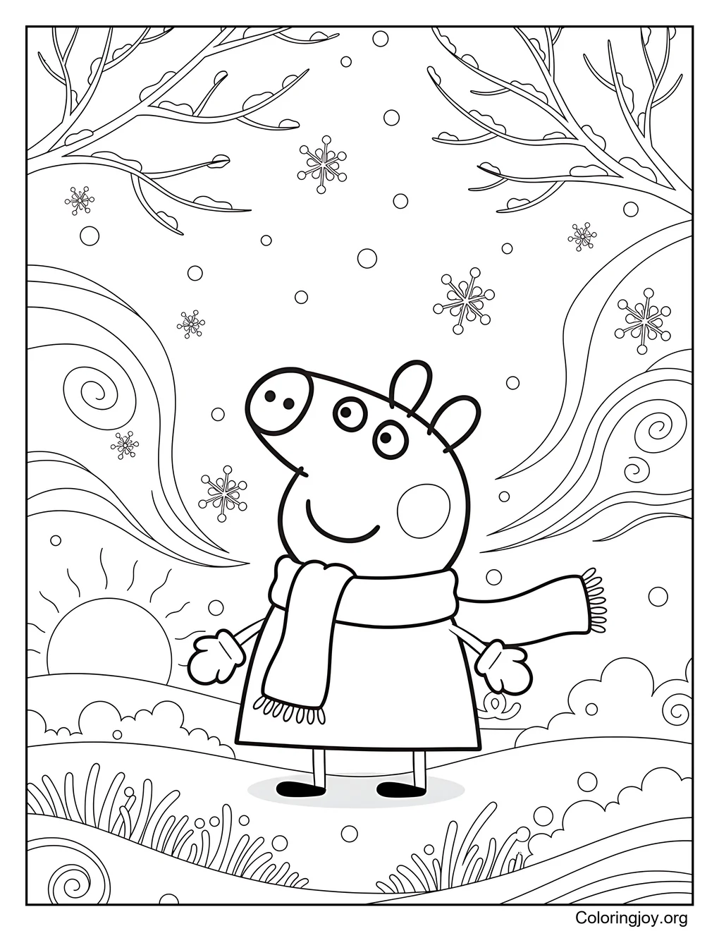Página para colorear del paseo de ensueño de enero de Peppa Pig