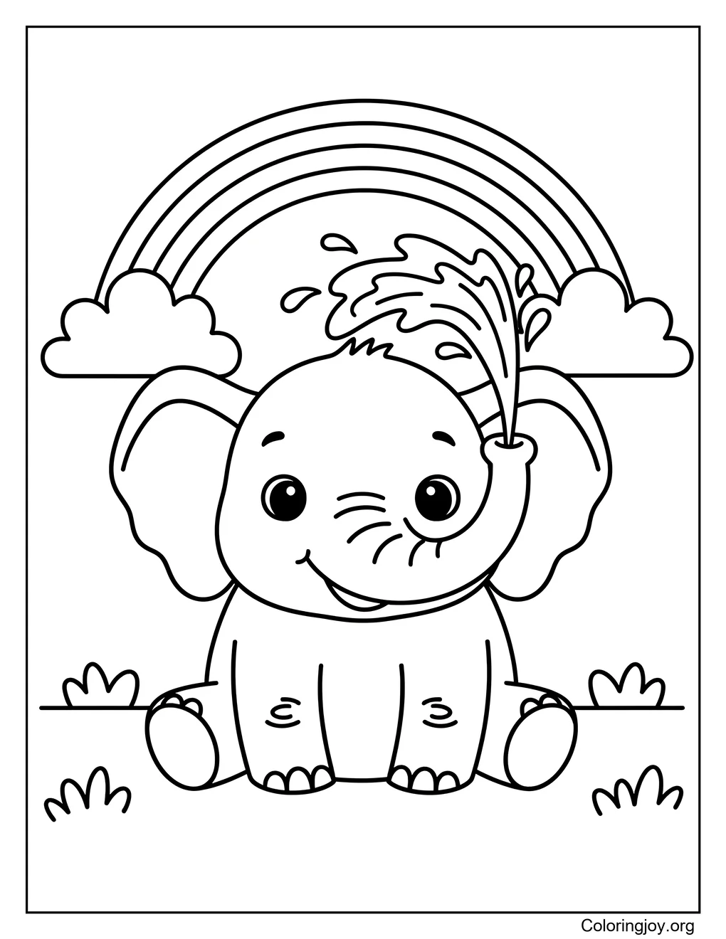 Elefante alegre rociando agua y arcoíris