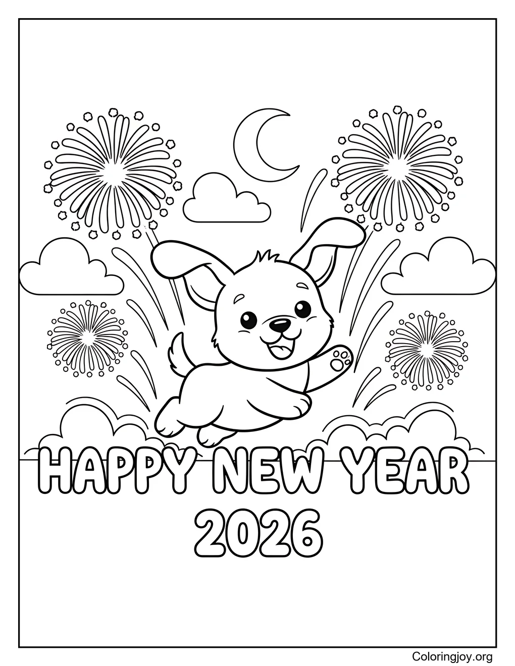 Feliz año nuevo 2026 perro para colorear imprimible