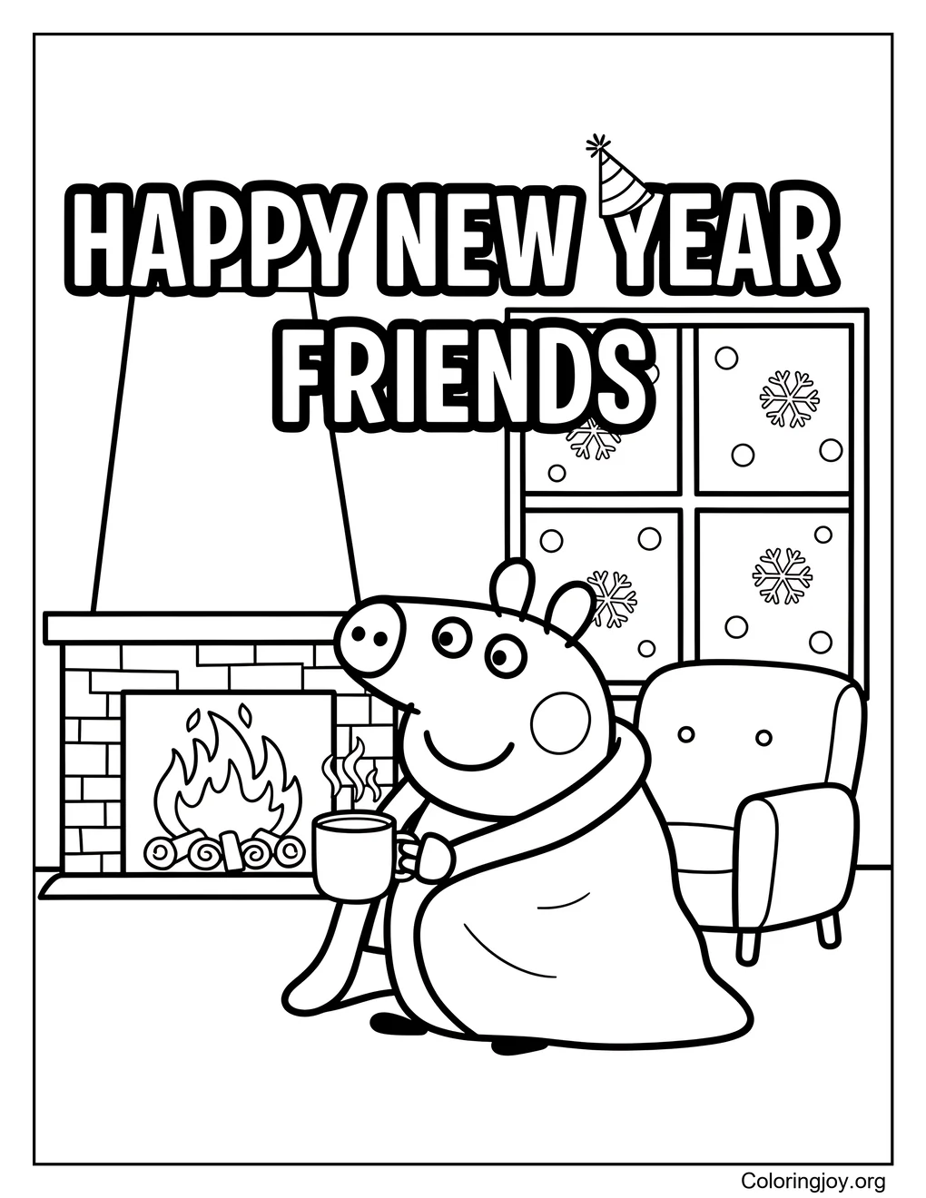Feliz año nuevo, amigos, página para colorear