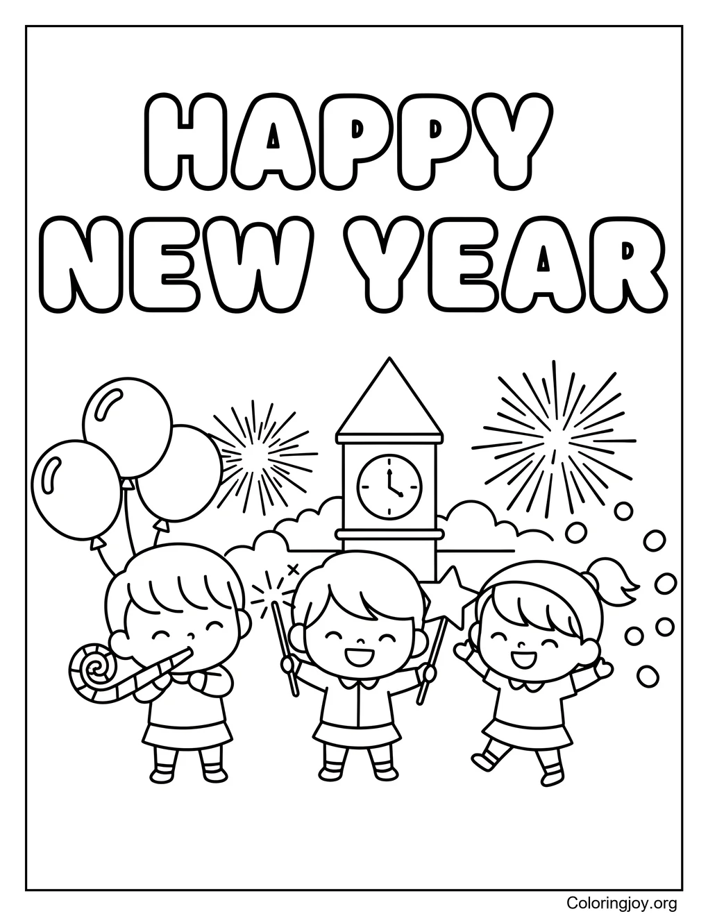 Feliz año nuevo página para colorear fácil