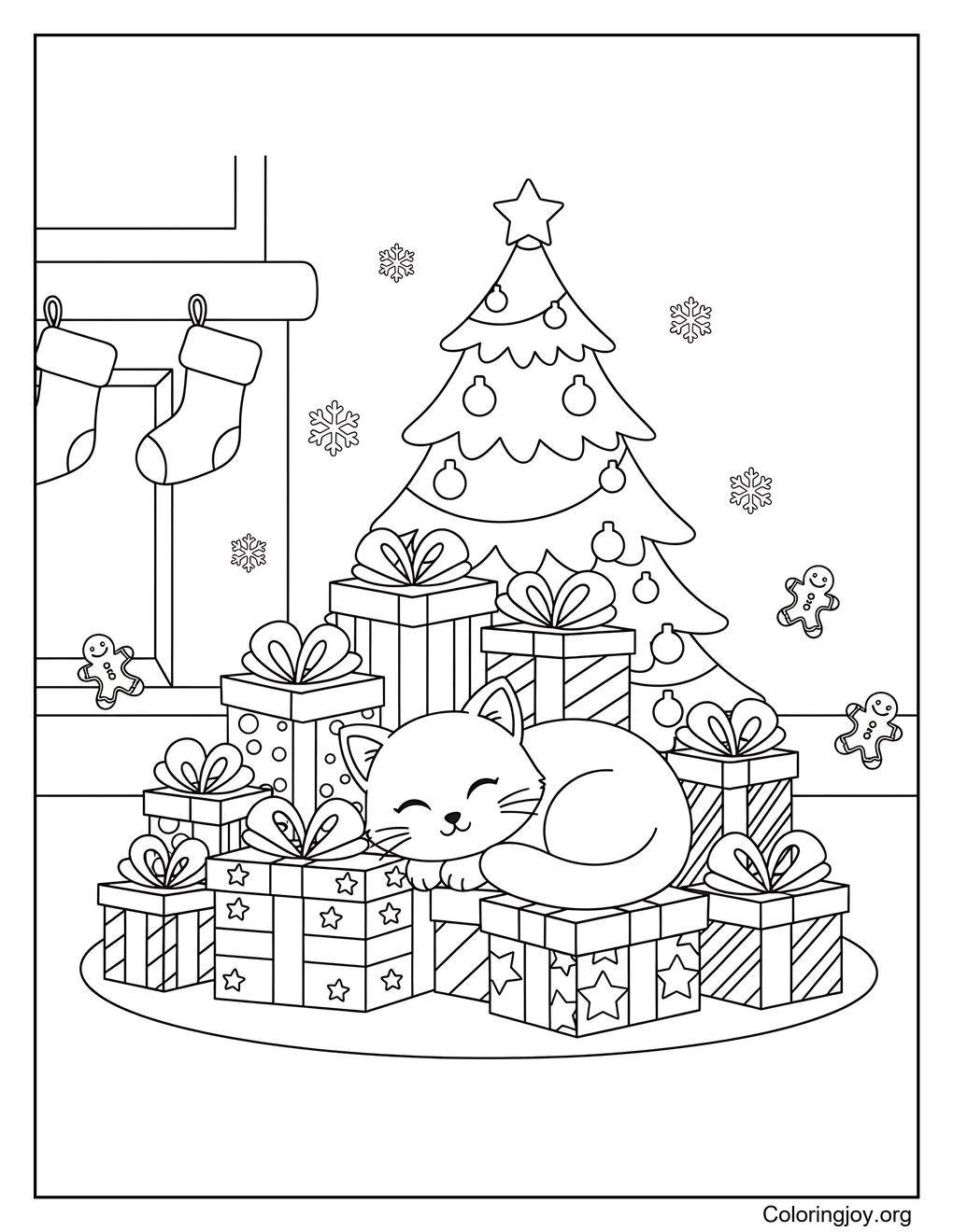 Gatito cerca de la pila de regalos de Navidad Página para colorear
