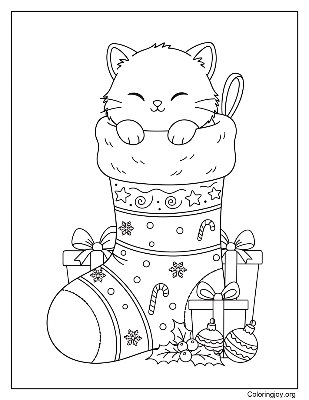 Página para colorear de gatito durmiendo con calcetines navideños