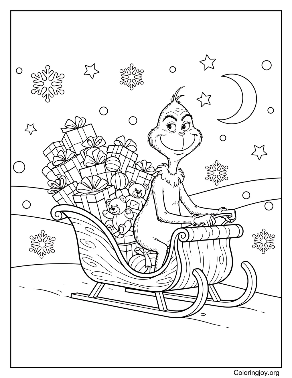 grinch conduciendo su trineo lleno de regalos