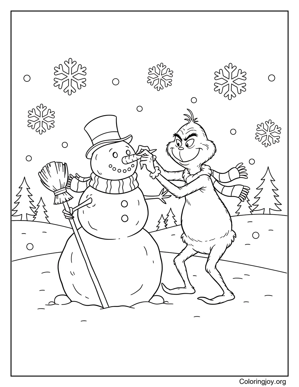 grinch construyendo un muñeco de nieve