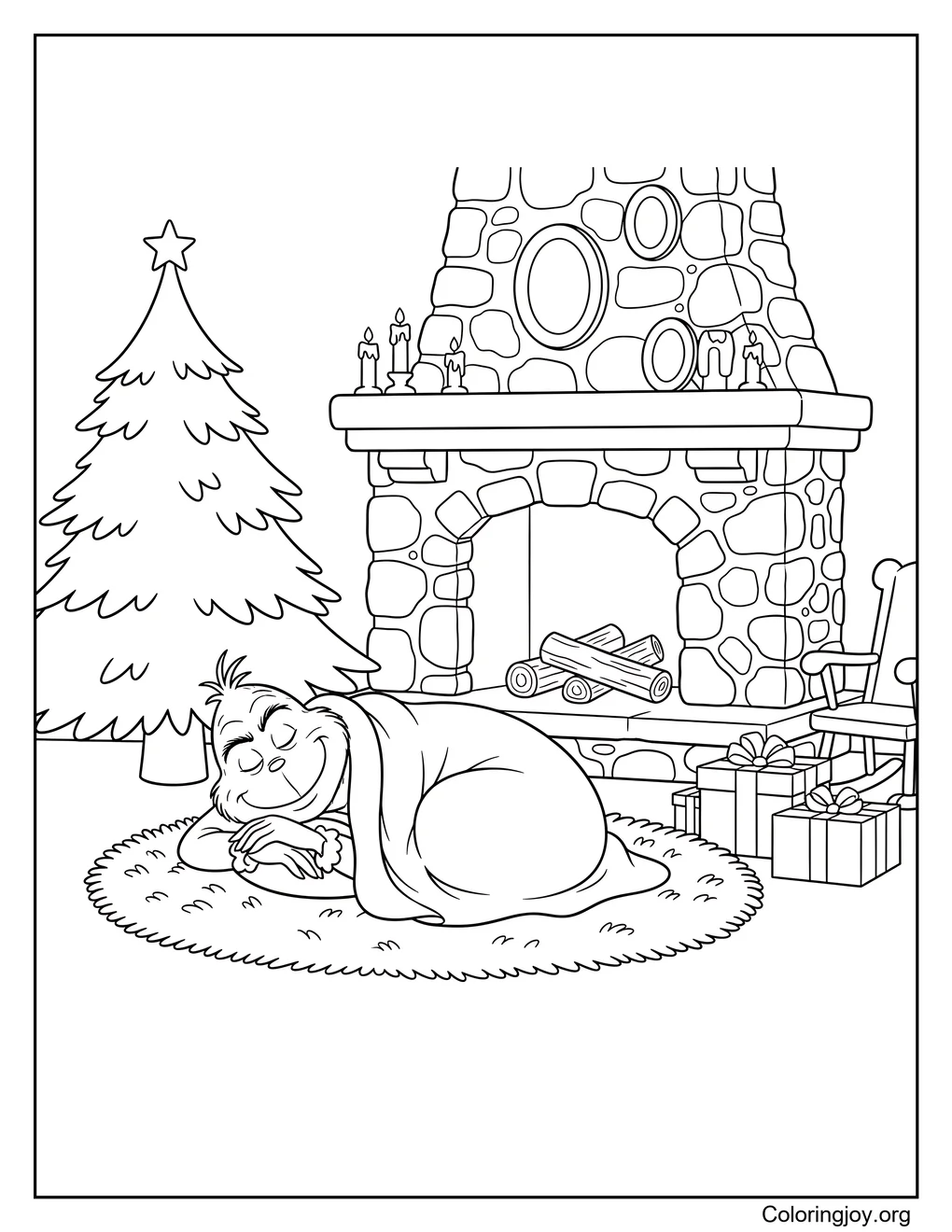 grinch durmiendo junto a la chimenea