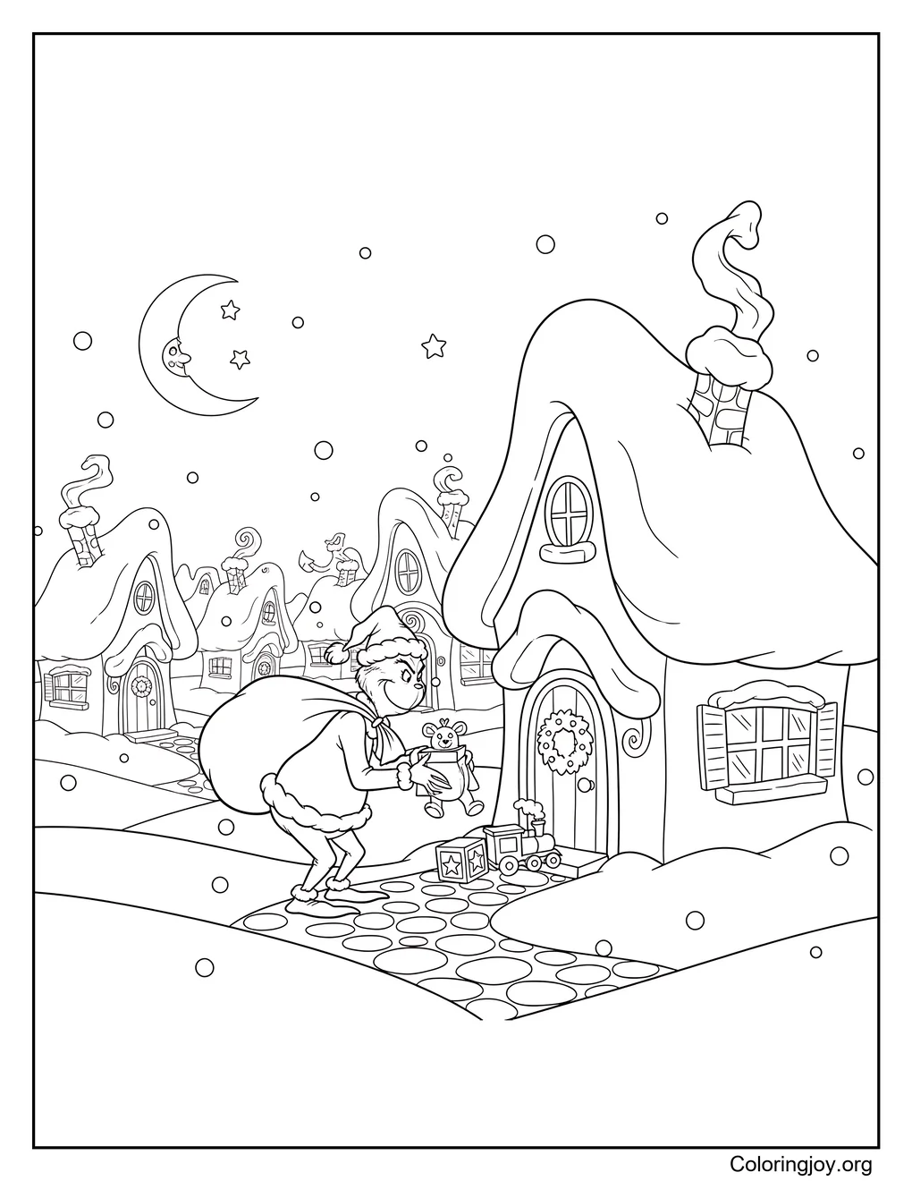 Dibujo de Grinch entregando regalos en Whoville para colorear