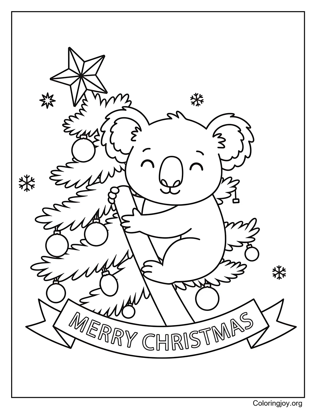 Página para colorear de koala en la rama de un árbol de Navidad