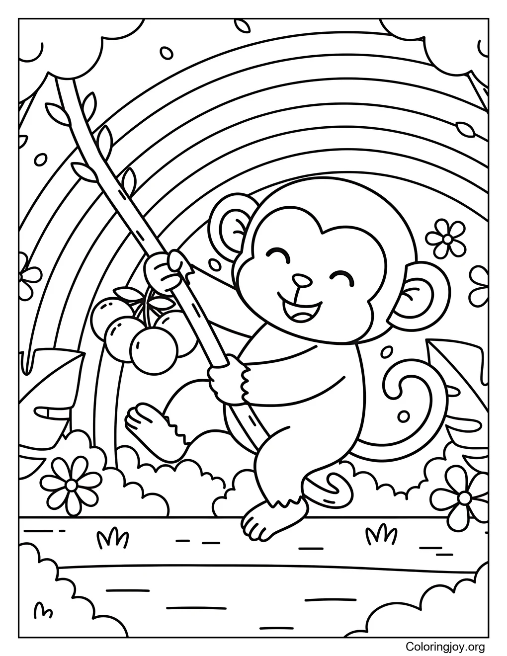 Acogedor mono balanceándose en una enredadera con Rainbow Jungle