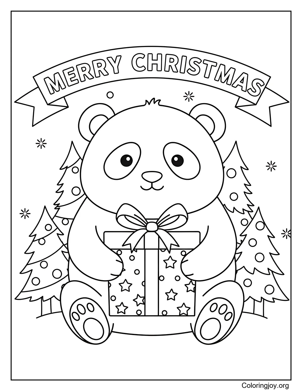 Página para colorear de Panda con caja de regalo de Navidad