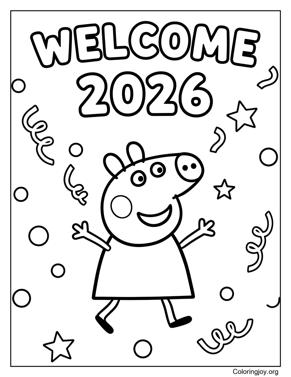 Hoja para colorear divertida de Año Nuevo de Peppa Pig