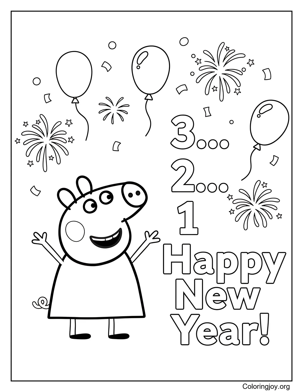 Página para colorear de la alegre cuenta regresiva del Año Nuevo de Peppa Pig
