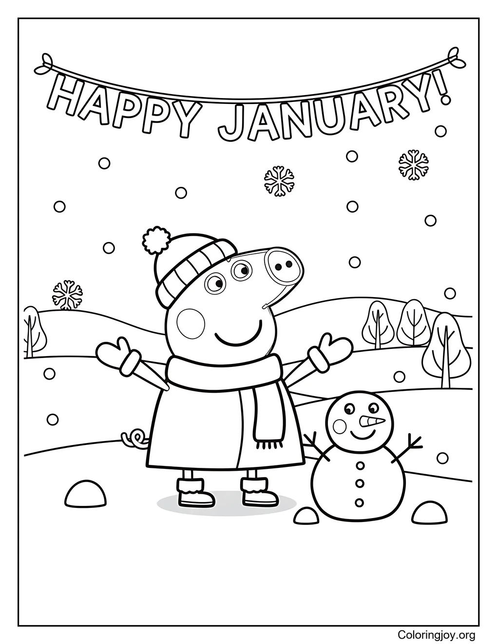 La alegre página para colorear de enero de Peppa Pig