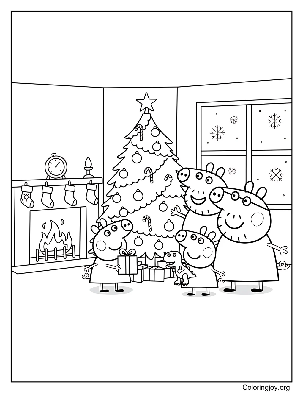 Página para colorear del cálido día familiar de diciembre de Peppa Pig