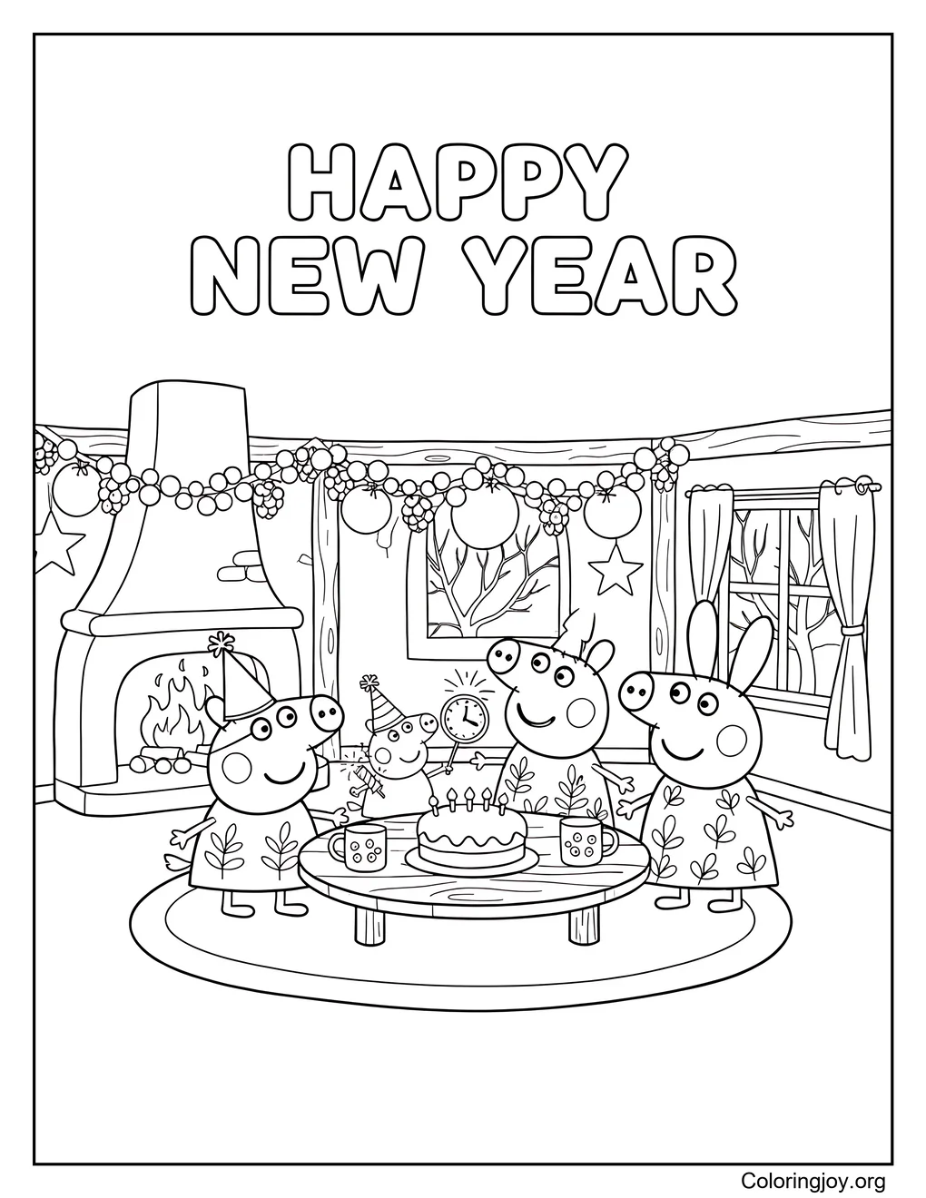 Página para colorear de celebración de año nuevo Cottagecore de Peppa Pig